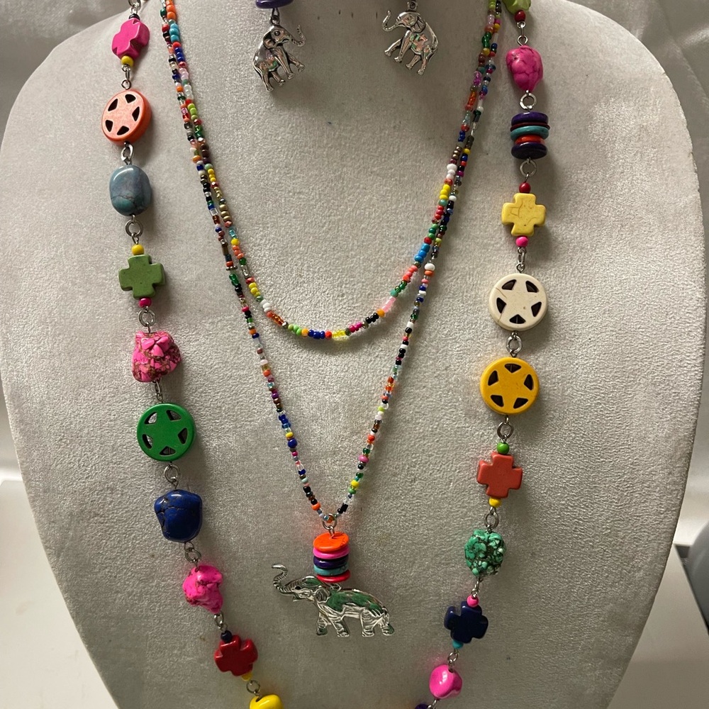 Silver Layered Necklace Set with Eclectic Beads